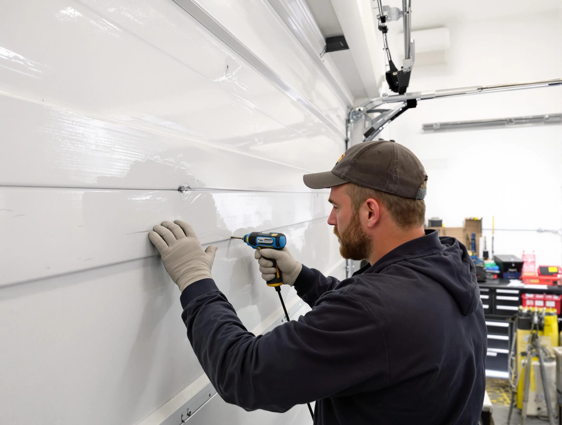Holt Garage Door Repair technician demonstrating precision dent removal techniques on a Holt garage door